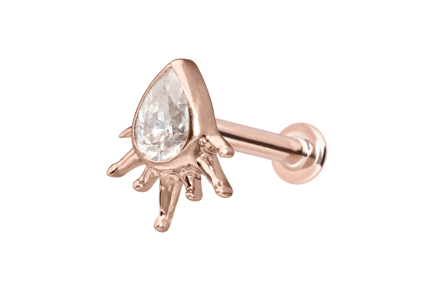 14 Karat Gold Labret Piercing mit Innengewinde MOISSANIT-TROPFEN + SONNENSTRAHLEN